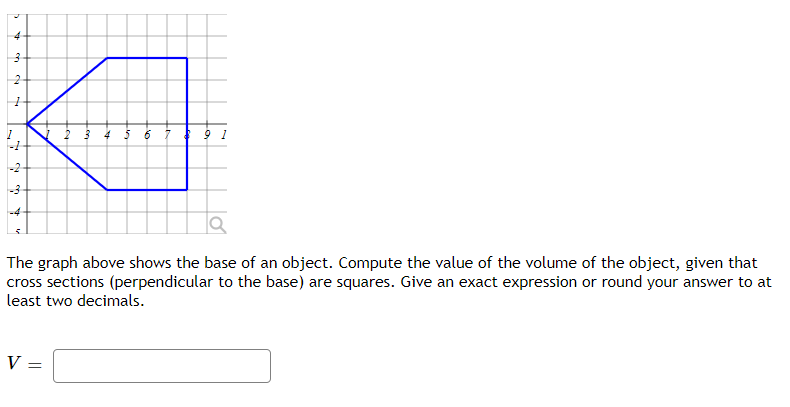 -1
-2
-3
-4
The graph above shows the base of an object. Compute the value of the volume of the object, given that
cross sections (perpendicular to the base) are squares. Give an exact expression or round your answer to at
least two decimals.
V
