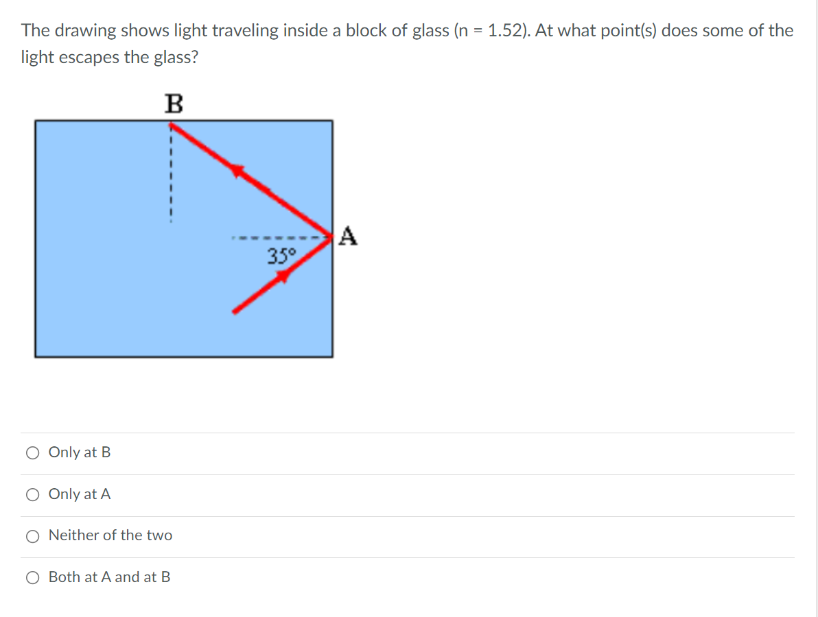 The drawing shows light traveling inside a block of glass (n = 1.52). At what point(s) does some of the
light escapes the glass?
B
A
35°
Only at B
O Only at A
O Neither of the two
Both at A and at B
