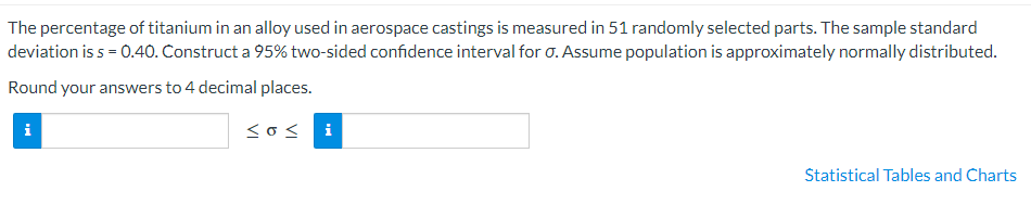 The percentage of titanium in an alloy used in aerospace castings is measured in 51 randomly selected parts. The sample standard
deviation is s = 0.40. Construct a 95% two-sided confidence interval for σ. Assume population is approximately normally distributed.
Round your answers to 4 decimal places.
sos i
i
Statistical Tables and Charts