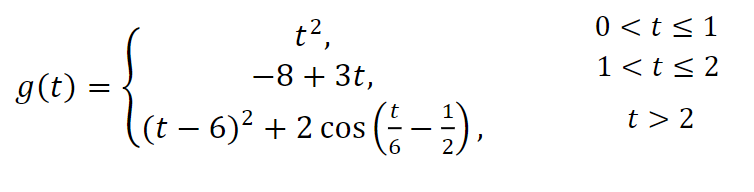 g(t)
=
t²,
-8 + 3t,
((t-6)² + 2 cos (1-²),
6
0 < t < 1
1<t≤2
t> 2