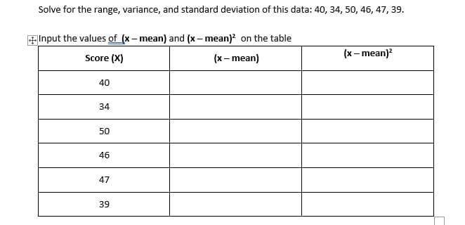 Solve for the range, variance, and standard deviation of this data: 40, 34, 50, 46, 47, 39.
+Input the values of (x- mean) and (x – mean)? on the table
(x- mean)?
Score (X)
(x- mean)
40
34
50
46
47
39
