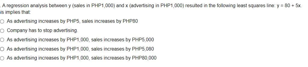 A regression analysis between y (sales in PHP1,000) and x (advertising in PHP1,000) resulted in the following least squares line: y = 80 + 5x.
is implies that:
O As advertising increases by PHP5, sales increases by PHP80
O Company has to stop advertising.
O As advertising increases by PHP1,000, sales increases by PHP5,000
O As advertising increases by PHP1,000, sales increases by PHP5,080
O As advertising increases by PHP1,000, sales increases by PHP80,000
