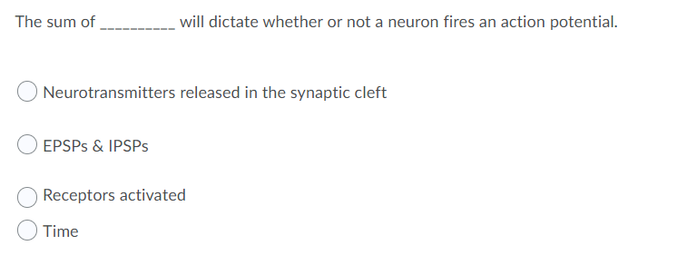 The sum of
will dictate whether or not a neuron fires an action potential.
O Neurotransmitters released in the synaptic cleft
EPSPS & IPSPS
Receptors activated
Time
