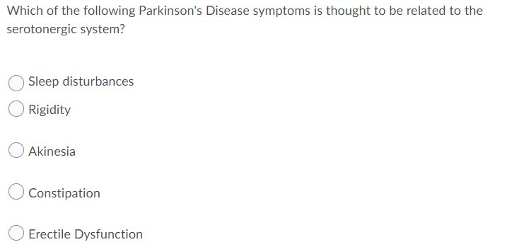 Which of the following Parkinson's Disease symptoms is thought to be related to the
serotonergic system?
Sleep disturbances
Rigidity
Akinesia
Constipation
Erectile Dysfunction
