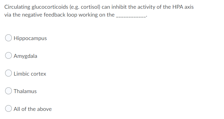 Circulating glucocorticoids (e.g. cortisol) can inhibit the activity of the HPA axis
via the negative feedback loop working on the
Hippocampus
Amygdala
Limbic cortex
Thalamus
O All of the above
