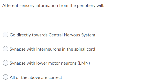 Afferent sensory information from the periphery will:
Go directly towards Central Nervous System
Synapse with interneurons in the spinal cord
Synapse with lower motor neurons (LMN)
All of the above are correct
