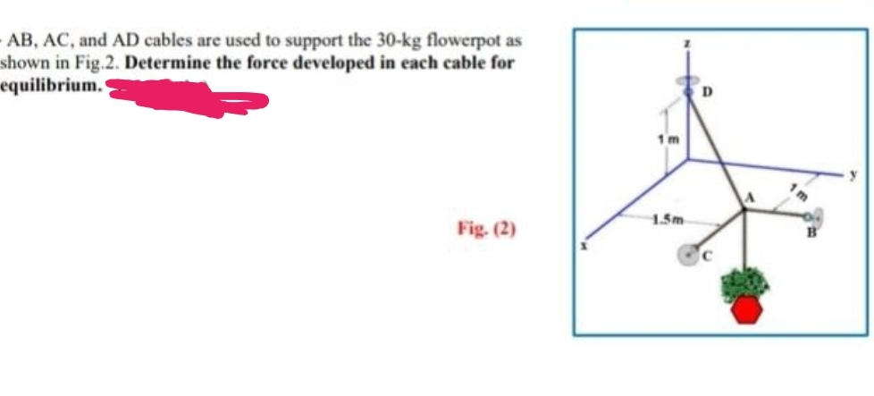 AB, AC, and AD cables are used to support the 30-kg flowerpot as
shown in Fig.2. Determine the force developed in each cable for
equilibrium.
Fig. (2)
1m
1.5m
D