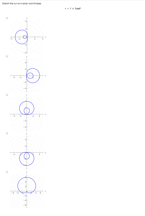 Skatch the curve in polar coordinates.
r=1+3sino
2
-6 -4
-4
