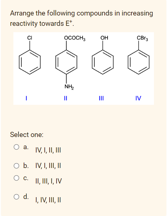 Arrange the following compounds in increasing
reactivity towards E+.
CI
Select one:
a.
O b.
O C.
O d.
IV, I, II, III
IV, I, III, ||
II, III, I, IV
I, IV, III, II
OCOCH 3 OH
NH₂2
|||
CBr3
IV