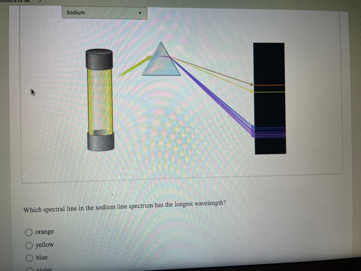 Sodium
Which spectral line in the sodium line spectrum has the longest wavelength?
orange
yellow
blue
O violet
