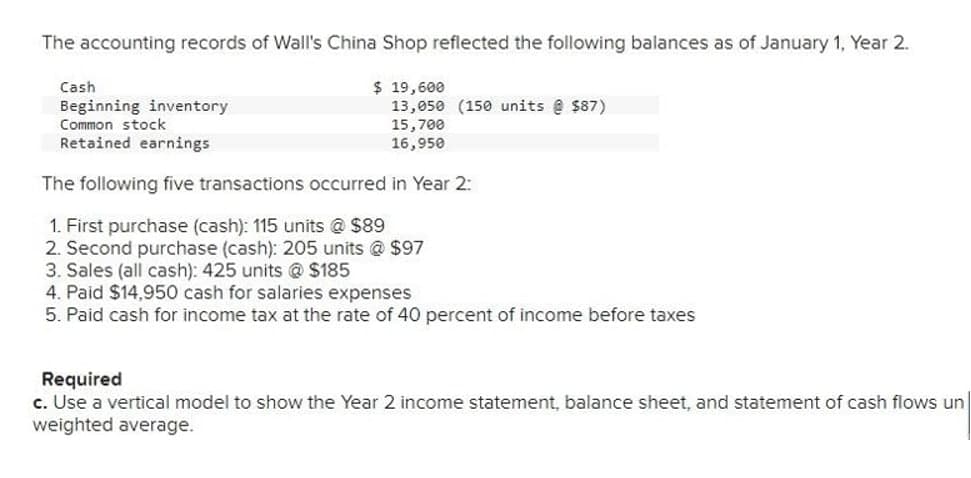 The accounting records of Wall's China Shop reflected the following balances as of January 1, Year 2.
$ 19,600
13,050 (150 units e $87)
15,700
16,950
Cash
Beginning inventory
Common stock
Retained earnings
The following five transactions occurred in Year 2:
1. First purchase (cash): 115 units @ $89
2. Second purchase (cash): 205 units @ $97
3. Sales (all cash): 425 units @ $185
4. Paid $14,950 cash for salaries expenses
5. Paid cash for income tax at the rate of 40 percent of income before taxes
Required
c. Use a vertical model to show the Year 2 income statement, balance sheet, and statement of cash flows un
weighted average.
