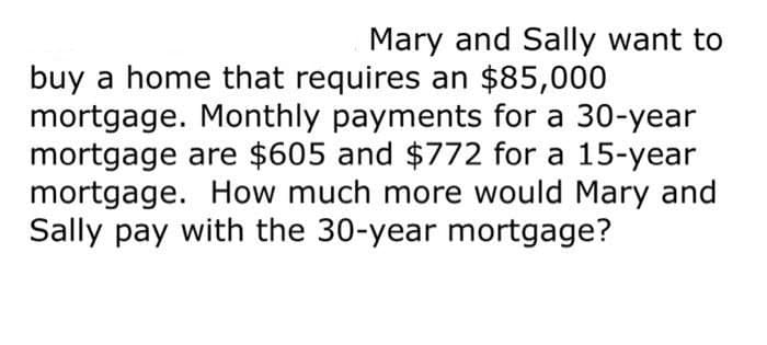 Mary and Sally want to
buy a home that requires an $85,000
mortgage. Monthly payments for a 30-year
mortgage are $605 and $772 for a 15-year
mortgage. How much more would Mary and
Sally pay with the 30-year mortgage?