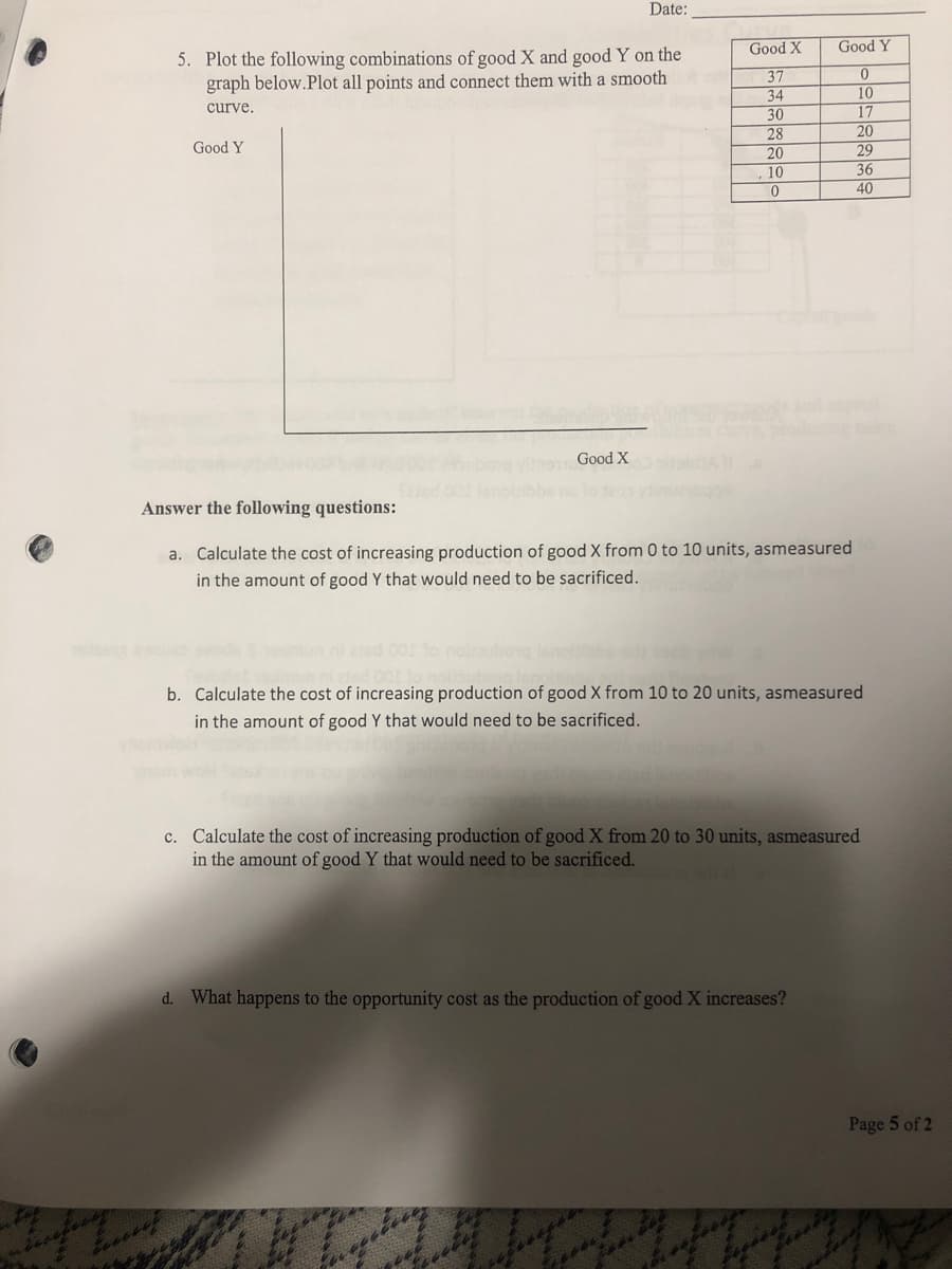 Date:
Good X
Good Y
5. Plot the following combinations of good X and good Y on the
graph below.Plot all points and connect them with a smooth
37
34
30
28
20
10
10
17
20
29
curve.
Good Y
36
40
oducto ce
Good X
Answer the following questions:
a. Calculate the cost of increasing production of good X from 0 to 10 units, asmeasured
in the amount of good Y that would need to be sacrificed.
b. Calculate the cost of increasing production of good X from 10 to 20 units, asmeasured
in the amount of good Y that would need to be sacrificed.
c. Calculate the cost of increasing production of good X from 20 to 30 units, asmeasured
in the amount of good Y that would need to be sacrificed.
d. What happens to the opportunity cost as the production of good X increases?
Page 5 of 2
