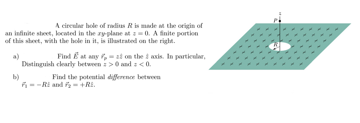 P
A circular hole of radius R is made at the origin of
an infinite sheet, located in the xy-plane at z = 0. A finite portion
of this sheet, with the hole in it, is illustrated on the right.
a)
Distinguish clearly between z > 0 and z < 0.
Find E at any rp
= zê on the ê axis. In particular,
b)
T1 = –Rê and r2
Find the potential difference between
+R2.
X X
X X
