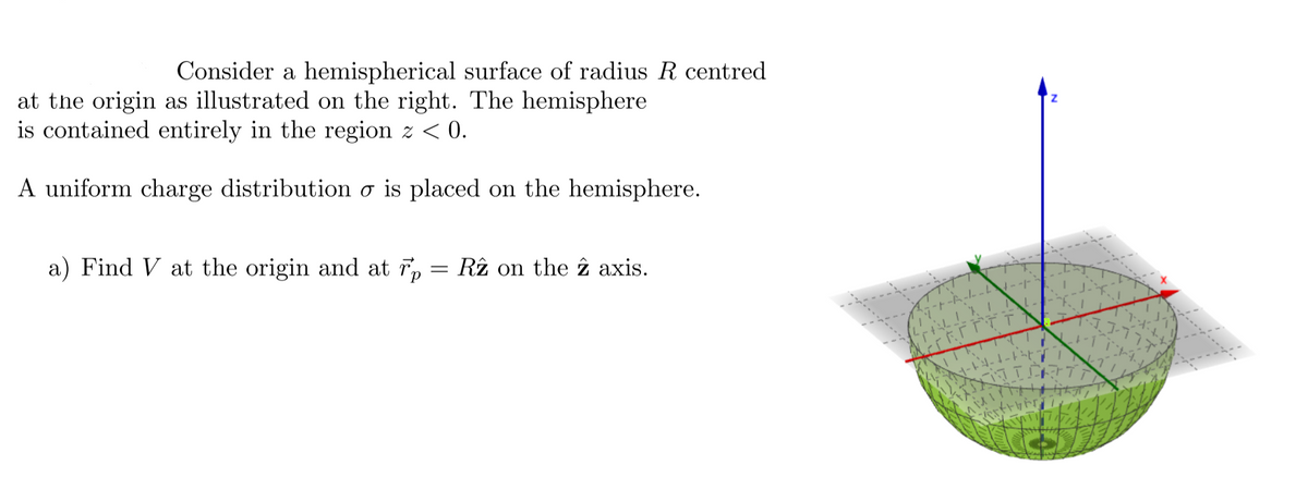 Consider a hemispherical surface of radius R centred
at the origin as illustrated on the right. The hemisphere
is contained entirely in the region z < 0.
A uniform charge distribution o is placed on the hemisphere.
a) Find V at the origin and at r, = Rî on the î axis.
