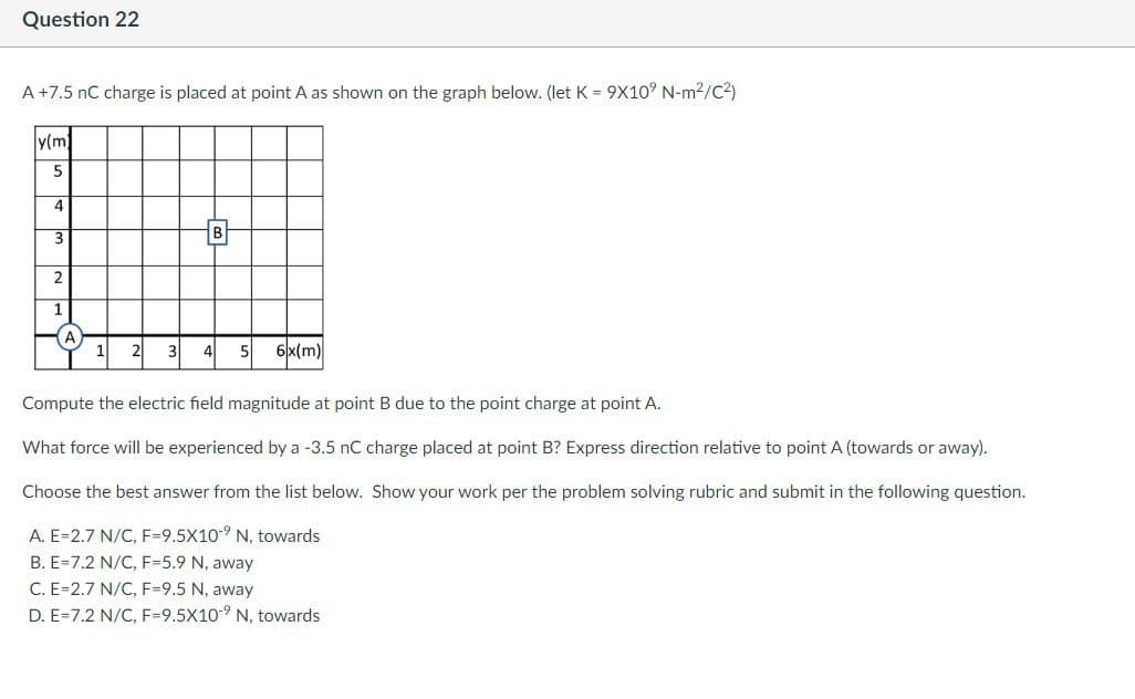Question 22
A +7.5 nC charge is placed at point A as shown on the graph below. (let K = 9X10⁹ N-m²/C²)
y(m)
5
4
3
2
1
1 2 3
4 5 6x(m)
Compute the electric field magnitude at point B due to the point charge at point A.
What force will be experienced by a -3.5 nC charge placed at point B? Express direction relative to point A (towards or away).
Choose the best answer from the list below. Show your work per the problem solving rubric and submit in the following question.
A. E=2.7 N/C, F-9.5X10-9 N, towards
B. E=7.2 N/C, F-5.9 N, away
C. E=2.7 N/C, F-9.5 N, away
D. E-7.2 N/C, F-9.5X10-9 N, towards