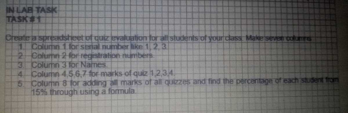 IN LAB TASK
TASK 1
Column 1 for senal number like 1.2, 3
2 Column 2 for registration numbers
3.
Column 3 for Names.
4 Column 4,56,7 for marks of quiz 1,2,3,4.
5 Column 8 for adding all marks of all quizzes and find the percentage of each student from
15% through using a formula.
