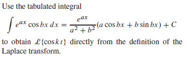 Use the tabulated integral
J eax cos bx dx:
(a cos bx + b sin bx) + C
to obtain L{coskt} directly from the definition of the
eax
a2 + b2
Laplace transform.

