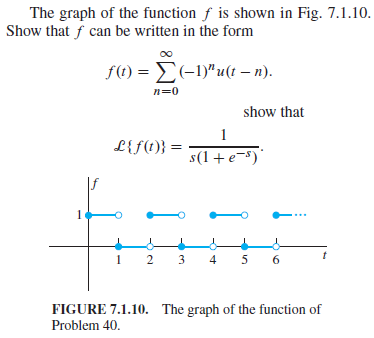 The graph of the function f is shown in Fig. 7.1.10.
Show that f can be written in the form
f0-Σ-1)"uG - n) .
n=0
show that
1
L{f(t}} =
s(1+e-$)
|f
3
6.
FIGURE 7.1.10. The graph of the function of
Problem 40.
4.
