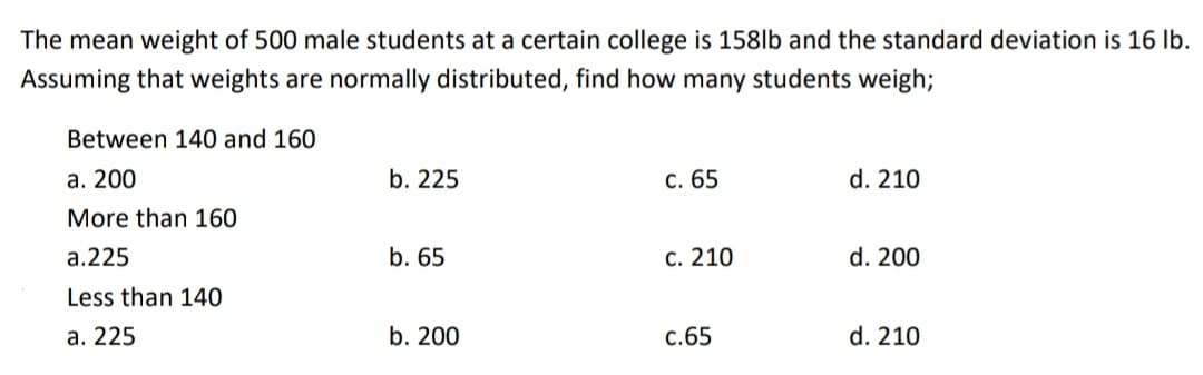 The mean weight of 500 male students at a certain college is 158lb and the standard deviation is 16 Ib.
Assuming that weights are normally distributed, find how many students weigh;
Between 140 and 160
а. 200
b. 225
с. 65
d. 210
More than 160
а.225
b. 65
С. 210
d. 200
Less than 140
а. 225
b. 200
c.65
d. 210
