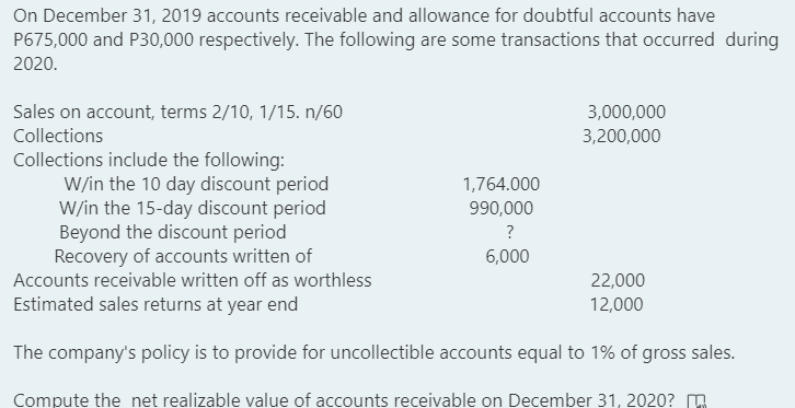 On December 31, 2019 accounts receivable and allowance for doubtful accounts have
P675,000 and P30,000 respectively. The following are some transactions that occurred during
2020.
Sales on account, terms 2/10, 1/15. n/60
3,000,000
Collections
3,200,000
Collections include the following:
W/in the 10 day discount period
W/in the 15-day discount period
Beyond the discount period
Recovery of accounts written of
Accounts receivable written off as worthless
1,764.000
990,000
?
6,000
22,000
Estimated sales returns at year end
12,000
The company's policy is to provide for uncollectible accounts equal to 1% of gross sales.
Compute the net realizable value of accounts receivable on December 31, 2020? A
