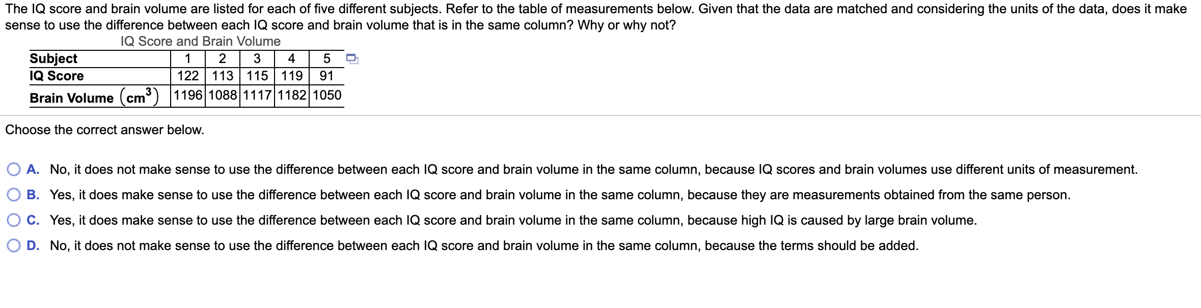 The IQ score and brain volume are listed for each of five different subjects. Refer to the table of measurements below. Given that the data are matched and considering the units of the data, does it make
sense to use the difference between each IQ score and brain volume that is in the same column? Why or why not?
IQ Score and Brain Volume
Subiect
5.
