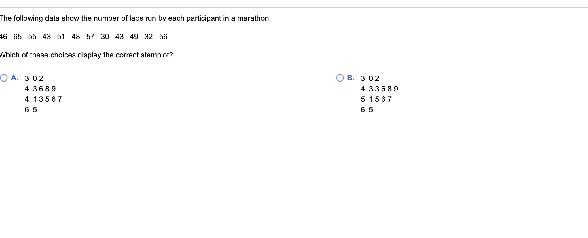 The following data show the number of laps run by each participant in a marathon.
46 65 55 43 51 48 57 30 43 49 32 56
Which of these choices display the correct stemplot?
O A. 3 0 2
В. З02
4 3689
4 33689
4 13567
5 1567
6 5
6 5
