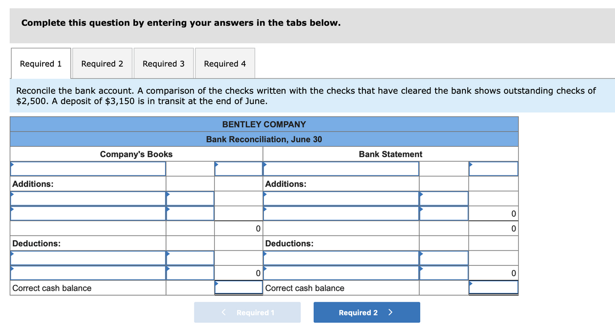 Complete this question by entering your answers in the tabs below.
Required 1
Required 2
Required 3
Required 4
Reconcile the bank account. A comparison of the checks written with the checks that have cleared the bank shows outstanding checks of
$2,500. A deposit of $3,150 is in transit at the end of June.
BENTLEY COMPANY
Bank Reconciliation, June 30
Company's Books
Bank Statement
Additions:
Additions:
Deductions:
Deductions:
Correct cash balance
Correct cash balance
Required 1
Required 2 >
