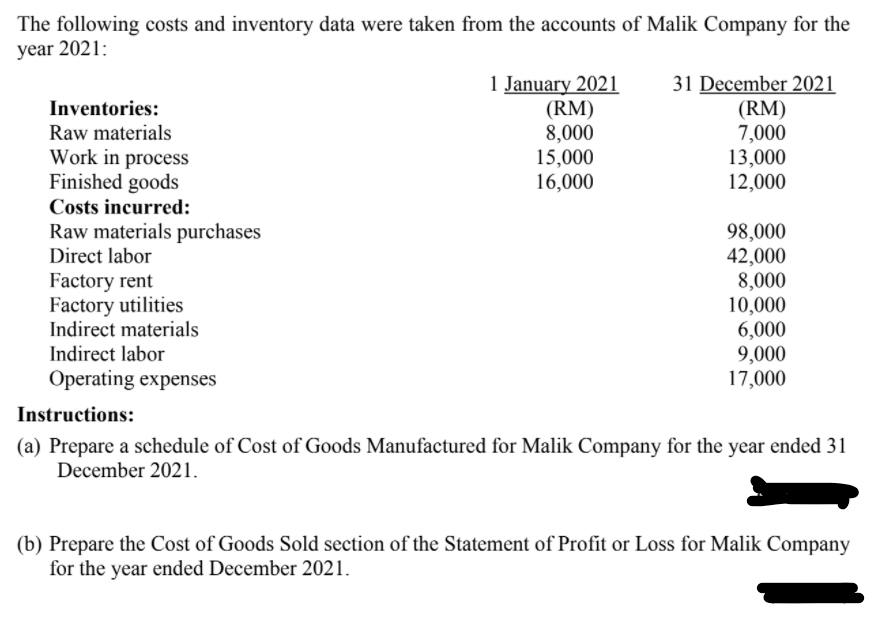 The following costs and inventory data were taken from the accounts of Malik Company for the
year 2021:
1 January 2021
(RM)
8,000
15,000
16,000
31 December 2021
(RM)
7,000
13,000
12,000
Inventories:
Raw materials
Work in process
Finished goods
Costs incurred:
Raw materials purchases
98,000
42,000
8,000
10,000
6,000
9,000
17,000
Direct labor
Factory rent
Factory utilities
Indirect materials
Indirect labor
Operating expenses
Instructions:
(a) Prepare a schedule of Cost of Goods Manufactured for Malik Company for the year ended 31
December 2021.
(b) Prepare the Cost of Goods Sold section of the Statement of Profit or Loss for Malik Company
for the year ended December 2021.
