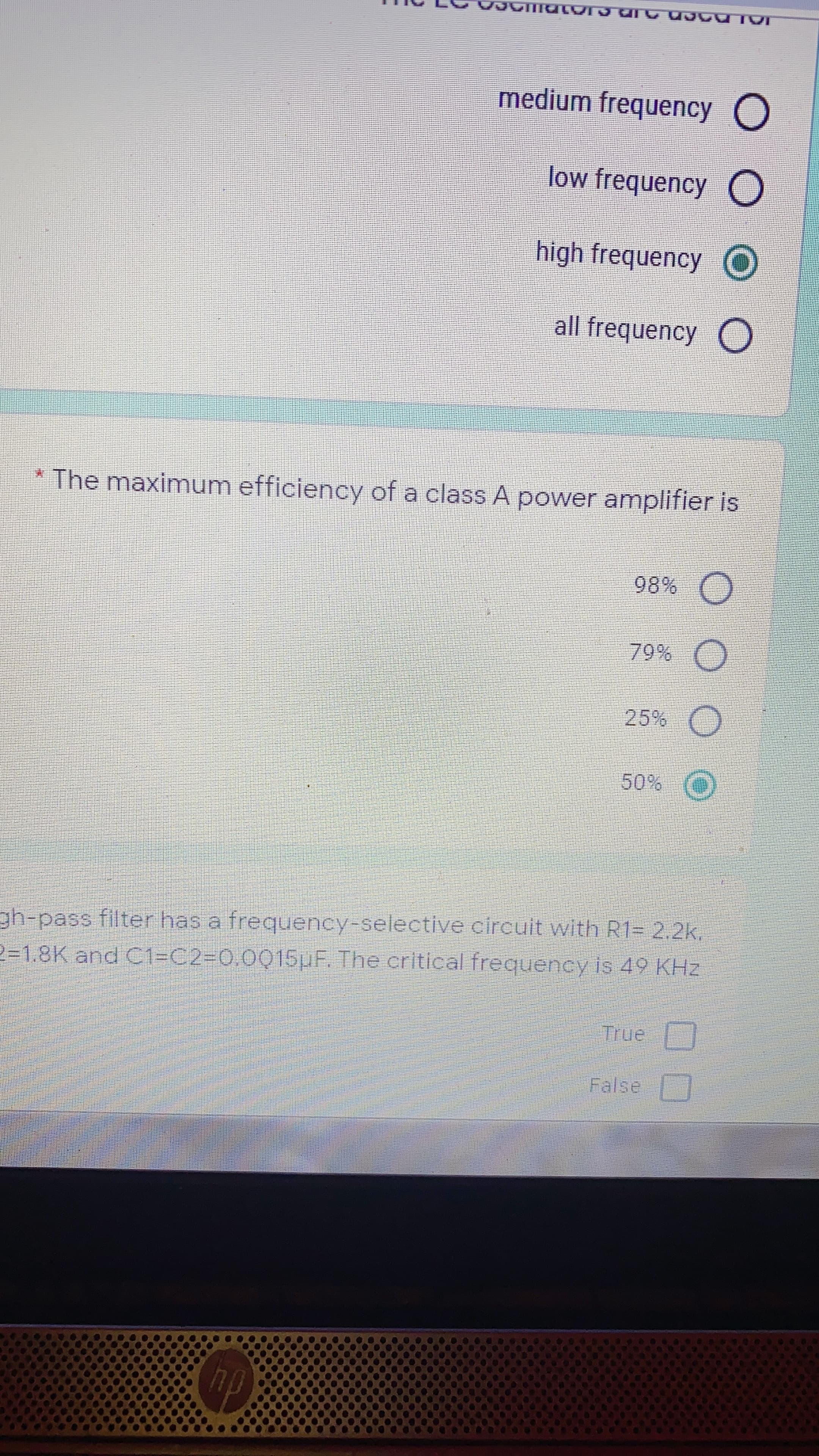 The maximum efficiency of a class A power amplifier is
