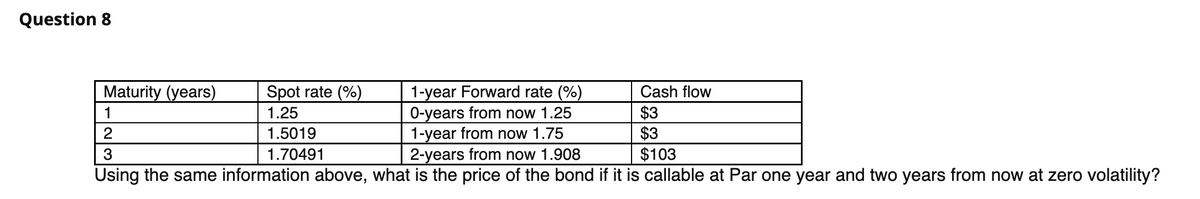 Question 8
Maturity (years)
1
1-year Forward rate (%)
0-years from now 1.25
1-year from now 1.75
2-years from now 1.908
2
3
Using the same information above, what is the price of the bond if it is callable at Par one year and two years from now at zero volatility?
Spot rate (%)
1.25
1.5019
1.70491
Cash flow
$3
$3
$103