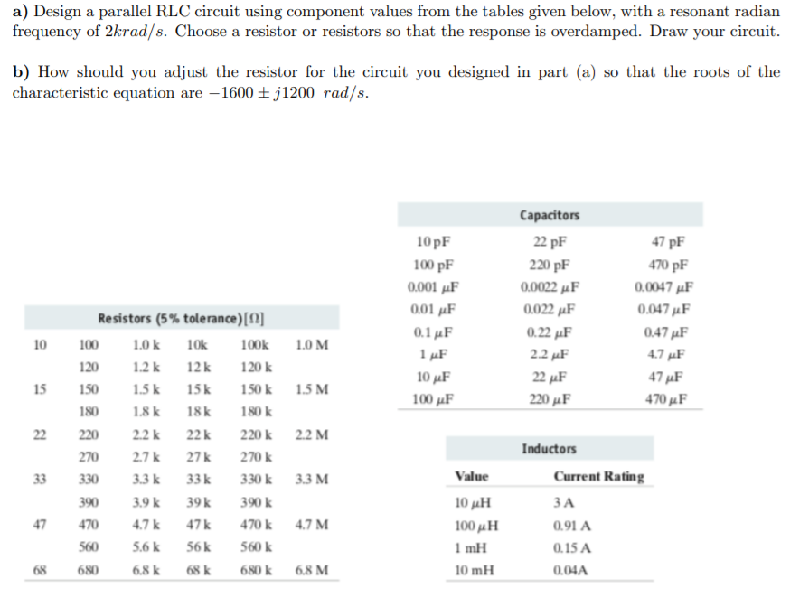 a) Design a parallel RLC circuit using component values from the tables given below, with a resonant radian
frequency of 2krad/s. Choose a resistor or resistors so that the response is overdamped. Draw your circuit.
b) How should you adjust the resistor for the circuit you designed in part (a) so that the roots of the
characteristic equation are – 1600 + j1200 rad/s.
Capacitors
10 pF
22 pF
47 pF
100 pF
220 pF
470 pF
0.001 µF
0002 μF
0.0047 µF
0.01 µF
002 μF
0.047 µF
Resistors (5% tolerance)[12]
0.1 µF
0.22 µF
0.47 µF
10
100
1.0 k
10k
100k
1.0 M
1 µF
10 μF
2.2 µF
4.7 µF
120
1.2 k
12 k
120 k
22 µF
47 µF
15
150
1.5 k
15 k
150 k
1.5 M
100 µF
220 µF
470 μF
180
1.8 k
18k
180 k
22
220
2.2 k
22 k
220 k
2.2 M
Inductors
270
2.7 k
27k
270 k
33
330
3.3 k
33 k
330 k
3.3 м
Value
Current Rating
390
3.9 k
39 k
390 k
10 μΗ
ЗА
47
470
4.7 k
47k
470 k
4.7 M
100μΗ
0.91 A
560
5.6 k
56k
560 k
1 mH
0.15 A
68
680
6.8 k
68 k
680 k
6.8 M
10 mH
0.04A
