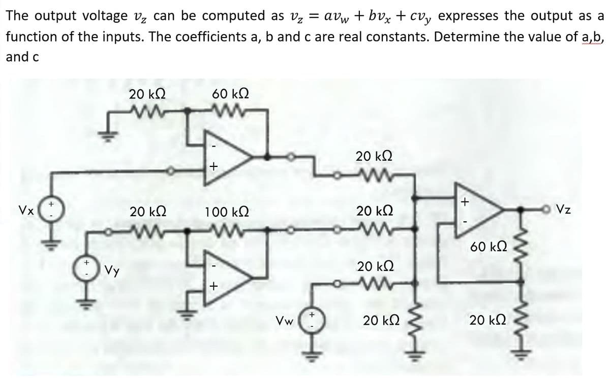 The output voltage v, can be computed as vz = avw + bvx + cv, expresses the output as a
function of the inputs. The coefficients a, b and c are real constants. Determine the value of a,b,
and c
20 kQ
60 kQ
20 kQ
+
Vx
20 kΩ
100 k2
20 kΩ
Vz
60 k2
Vy
20 kQ
+
Vw
20 k2
20 kQ
+
