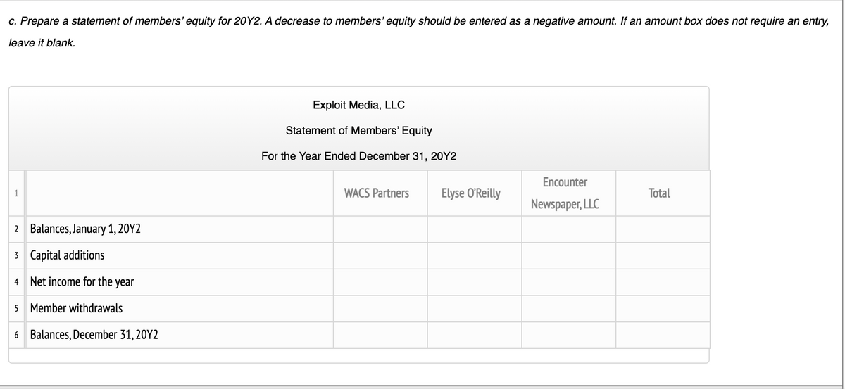 c. Prepare a statement of members' equity for 20Y2. A decrease to members' equity should be entered as a negative amount. If an amount box does not require an entry,
leave it blank.
Exploit Media, LLC
Statement of Members' Equity
For the Year Ended December 31, 20Y2
Encounter
1
WACS Partners
Elyse O'Reilly
Total
Newspaper, LLC
2 Balances, January 1, 20Y2
3 Capital additions
4 Net income for the year
5 Member withdrawals
6 Balances, December 31, 20Y2

