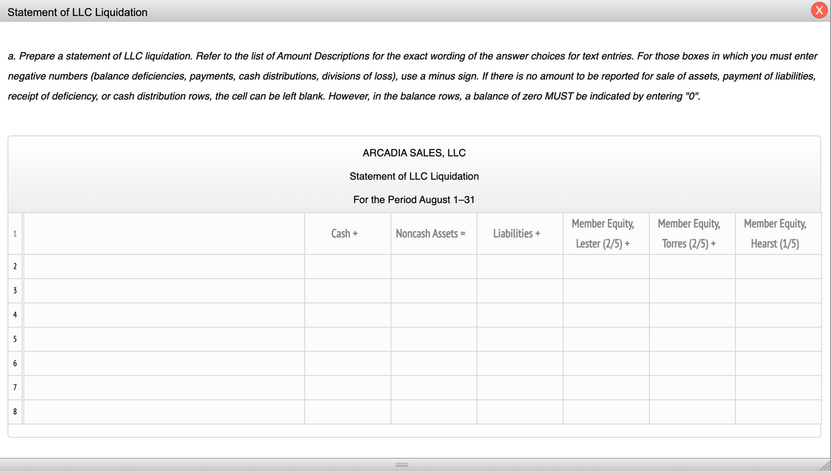 Statement of LLC Liquidation
a. Prepare a statement of LLC liquidation. Refer to the list of Amount Descriptions for the exact wording of the answer choices for text entries. For those boxes in which you must enter
negative numbers (balance deficiencies, payments, cash distributions, divisions of loss), use a minus sign. If there is no amount to be reported for sale of assets, payment of liabilities,
receipt of deficiency, or cash distribution rows, the cell can be left blank. However, in the balance rows, a balance of zero MUST be indicated by entering "O".
ARCADIA SALES, LLC
Statement of LLC Liquidation
For the Period August 1-31
Member Equity,
Member Equity,
Member Equity,
1
Cash +
Noncash Assets =
Liabilities +
Lester (2/5) +
Torres (2/5) +
Hearst (1/5)
2
3
4
5
8
6.
