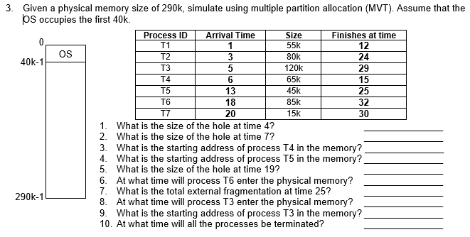 3. Given a physical memory size of 290k, simulate using multiple partition allocation (MVT). Assume that the
þs occupies the first 40k.
Finishes at time
12
24
Process ID
Arrival Time
Size
0,
os
T1
1
55k
T2
3
80k
40k-1
T3
120k
29
T4
6.
65k
15
T5
13
45k
25
T6
18
85k
32
T7
20
15k
30
1. What is the size of the hole at time 4?
2. What is the size of the hole at time 7?
3. What is the starting address of process T4 in the memory?
4. What is the starting address of process T5 in the memory?
5. What is the size of the hole at time 19?
6. At what time will process T6 enter the physical memory?
7. What is the total external fragmentation at time 25?
8. At what time will process T3 enter the physical memory?
9. What is the starting address of process T3 in the memory?
10. At what time will all the processes be terminated?
290k-1
