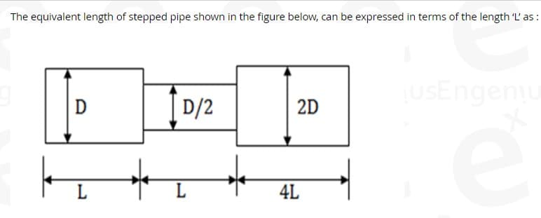 The equivalent length of stepped pipe shown in the figure below, can be expressed in terms of the length 'L'as :
uSEngeniu
| D/2
2D
L
4L
