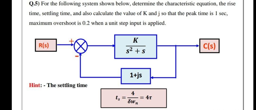 Q.5) For the following system shown below, determine the characteristic equation, the rise
time, settling time, and also calculate the value of K and j so that the peak time is 1 sec,
maximum overshoot is 0.2 when a unit step input is applied.
K
R(s)
C(s)
s2 + s
1+js
Hint: - The settling time
4
= 4T
ts
Swn
