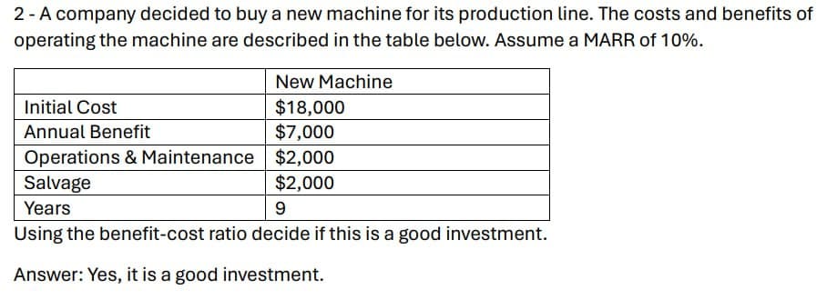 2-A company decided to buy a new machine for its production line. The costs and benefits of
operating the machine are described in the table below. Assume a MARR of 10%.
Initial Cost
Annual Benefit
New Machine
$18,000
$7,000
Operations & Maintenance $2,000
Salvage
Years
$2,000
9
Using the benefit-cost ratio decide if this is a good investment.
Answer: Yes, it is a good investment.