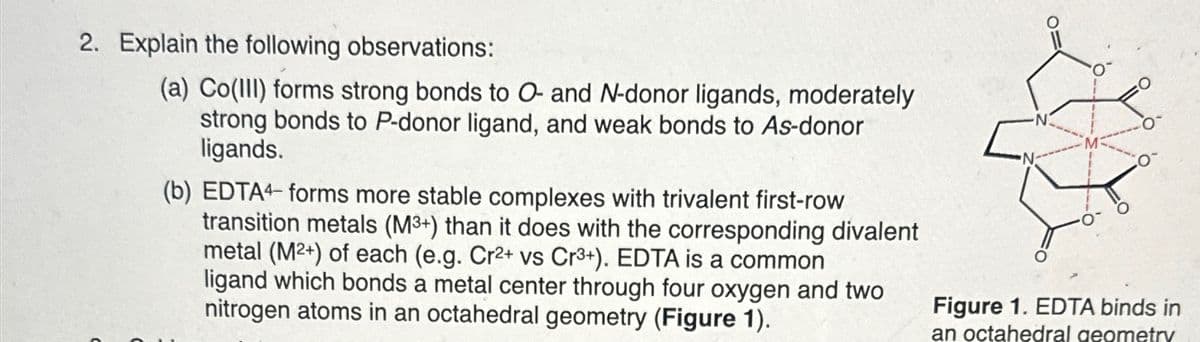2. Explain the following observations:
(a) Co(III) forms strong bonds to O- and N-donor ligands, moderately
strong bonds to P-donor ligand, and weak bonds to As-donor
ligands.
(b) EDTA4 forms more stable complexes with trivalent first-row
transition metals (M3+) than it does with the corresponding divalent
metal (M²+) of each (e.g. Cr²+ vs Cr3+). EDTA is a common
ligand which bonds a metal center through four oxygen and two
nitrogen atoms in an octahedral geometry (Figure 1).
Figure 1. EDTA binds in
an octahedral geometry