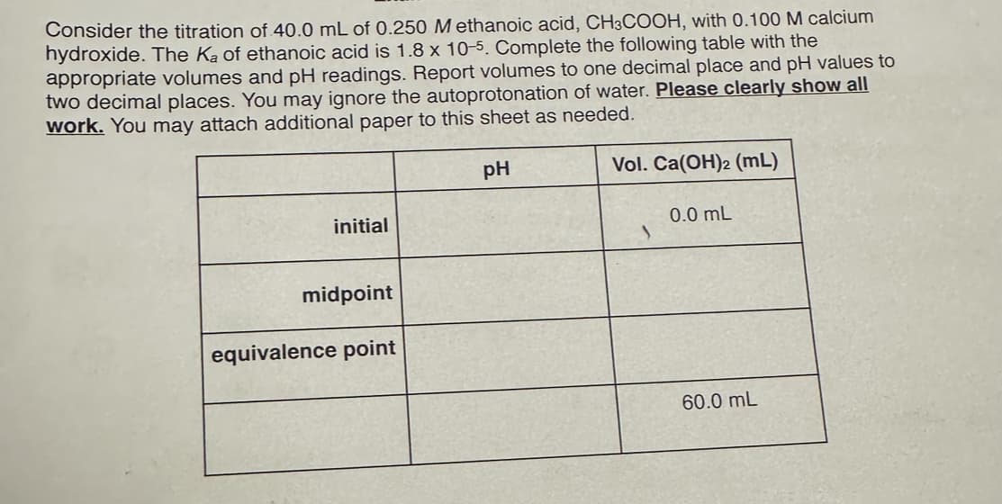 Consider the titration of 40.0 mL of 0.250 Methanoic acid, CH3COOH, with 0.100 M calcium
hydroxide. The Ka of ethanoic acid is 1.8 x 10-5. Complete the following table with the
appropriate volumes and pH readings. Report volumes to one decimal place and pH values to
two decimal places. You may ignore the autoprotonation of water. Please clearly show all
work. You may attach additional paper to this sheet as needed.
pH
Vol. Ca(OH)2 (mL)
initial
midpoint
equivalence point
0.0 mL
60.0 mL