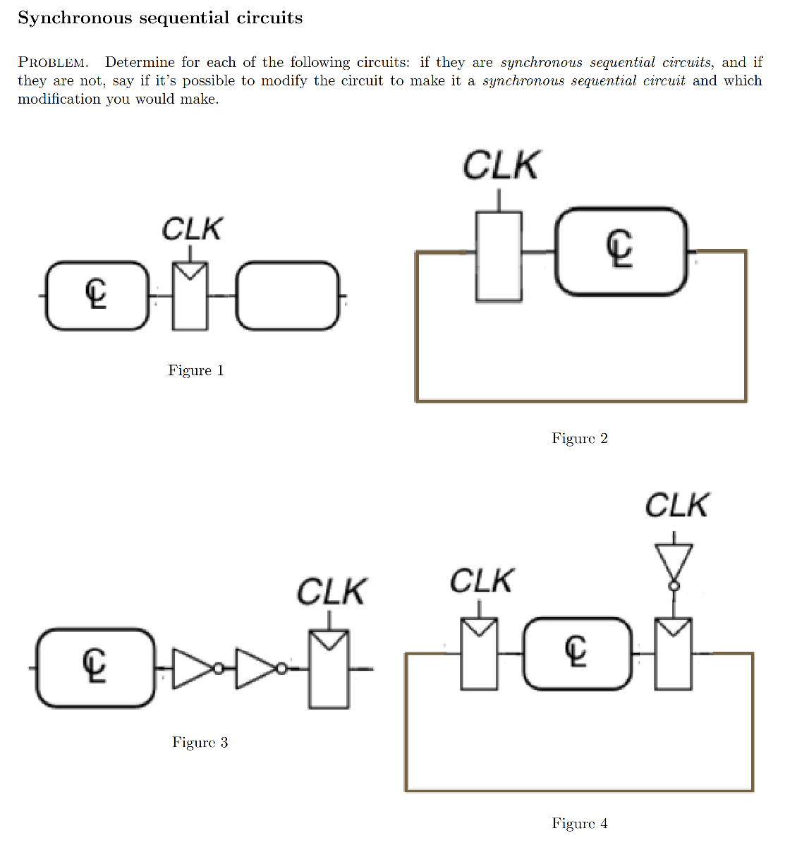 Synchronous sequential circuits
PROBLEM. Determine for each of the following circuits: if they are synchronous sequential circuits, and if
they are not, say if it's possible to modify the circuit to make it a synchronous sequential circuit and which
modification you would make.
C
CLK
10
Figure 1
CLK
Figure 3
CLK
C
Figure 2
CLK
Oxirio!
CLK
Figure 4