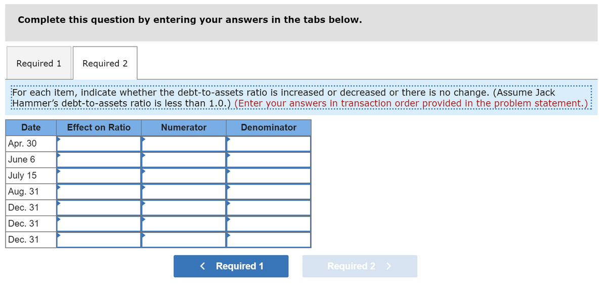 Complete this question by entering your answers in the tabs below.
Required 1
Required 2
For each item, indicate whether the debt-to-assets ratio is increased or decreased or there is no change. (Assume Jack
Hammer's debt-to-assets ratio is less than 1.0.) (Enter your answers in transaction order provided in the problem statement.):
Date
Effect on Ratio
Numerator
Denominator
Apr. 30
June 6
July 15
Aug. 31
Dec. 31
Dec. 31
Dec. 31
< Required 1
Required 2 >
