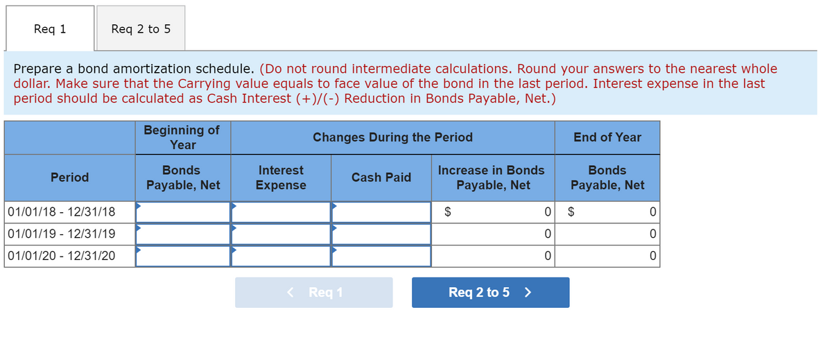 Req 1
Req 2 to 5
Prepare a bond amortization schedule. (Do not round intermediate calculations. Round your answers to the nearest whole
dollar. Make sure that the Carrying value equals to face value of the bond in the last period. Interest expense in the last
period should be calculated as Cash Interest (+)/(-) Reduction in Bonds Payable, Net.)
Beginning of
Year
Changes During the Period
End of Year
Bonds
Interest
Increase in Bonds
Bonds
Period
Cash Paid
Payable, Net
Expense
Payable, Net
Payable, Net
01/01/18 - 12/31/18
$
2$
01/01/19 - 12/31/19
01/01/20 - 12/31/20
< Req 1
Req 2 to 5 >
