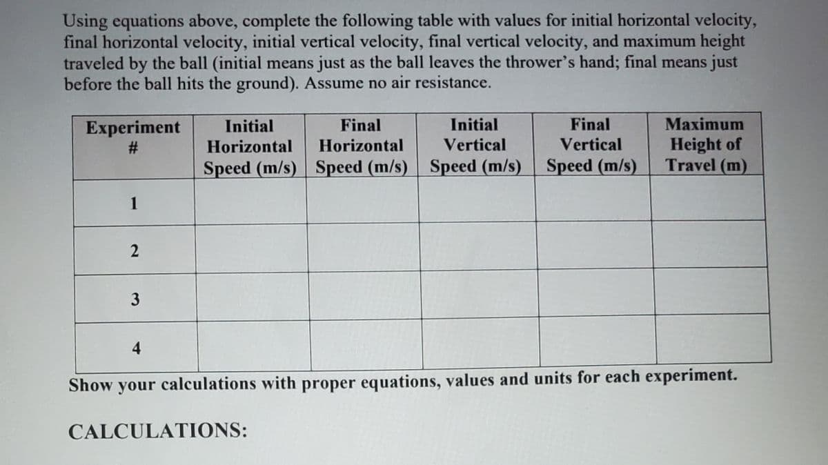 Using equations above, complete the following table with values for initial horizontal velocity,
final horizontal velocity, initial vertical velocity, final vertical velocity, and maximum height
traveled by the ball (initial means just as the ball leaves the thrower's hand; final means just
before the ball hits the ground). Assume no air resistance.
Initial
Vertical
Initial
Final
Final
Maximum
Experiment
%#3
Height of
Travel (m)
Horizontal
Horizontal
Vertical
Speed (m/s) Speed (m/s) Speed (m/s)
Speed (m/s)
1
3
4
Show your calculations with proper equations, values and units for each experiment.
CALCULATIONS:
