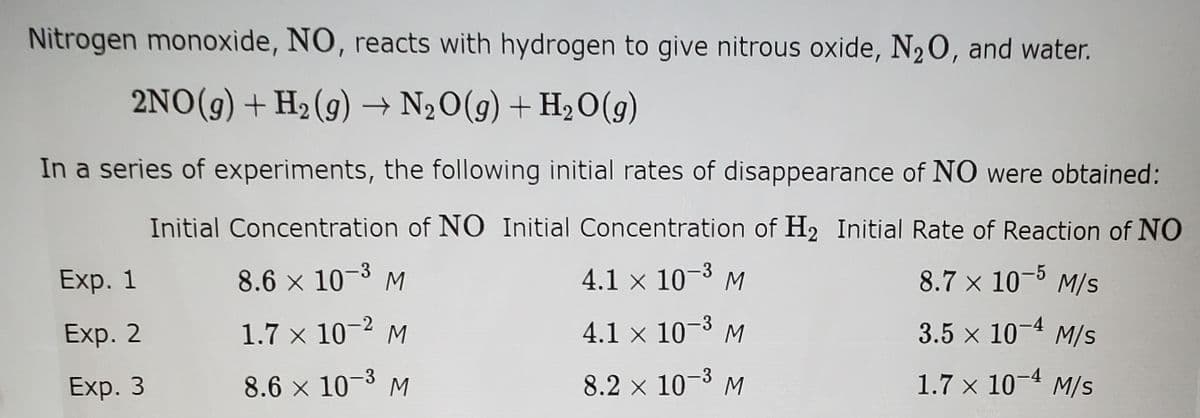 Nitrogen monoxide, NO, reacts with hydrogen to give nitrous oxide, N20, and water.
2NO(g) + H2 (g) → N½O(g) + H20(g)
In a series of experiments, the following initial rates of disappearance of NO were obtained:
Initial Concentration of NO Initial Concentration of H2 Initial Rate of Reaction of NO
Exp. 1
8.6 x 10-3 M
4.1 x 10-3 M
8.7 x 10-5 M/s
3
Exp. 2
1.7 x 10-2 M
4.1 x 10- M
3.5 x 10-4 M/s
Exp. 3
8.6 x 10-3 M
8.2 x 10-3 M
-4
1.7 x 10 M/s

