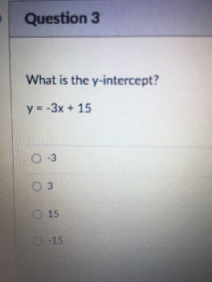 Question 3
What is the y-intercept?
y = -3x + 15
O-3
03
O 15
O-15
