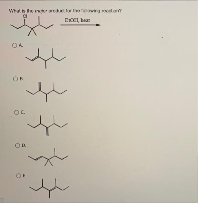 What is the major product for the following reaction?
CI
ELOH, heat
O A.
O B.
OC.
OD.
OE.
