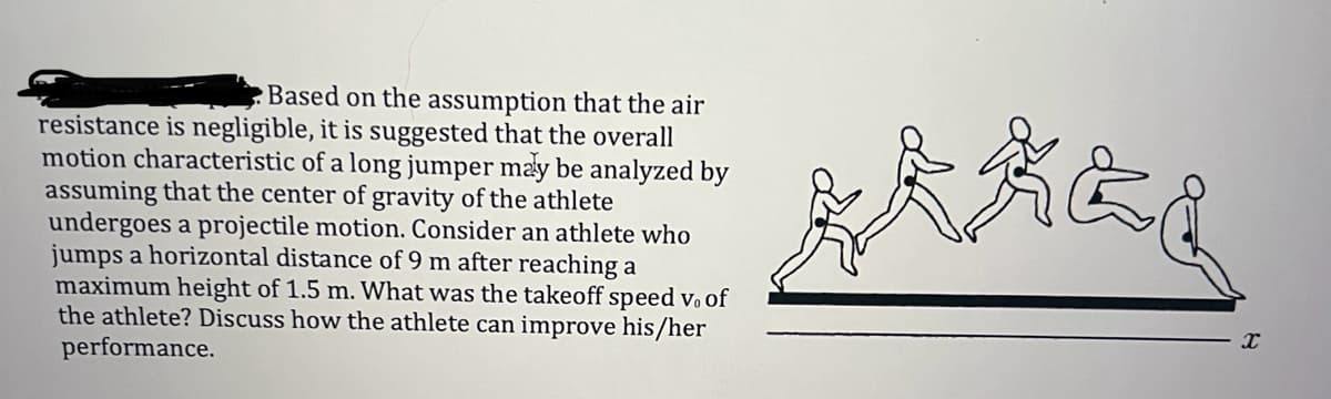Based on the assumption that the air
resistance is negligible, it is suggested that the overall
motion characteristic of a long jumper may be analyzed by
assuming that the center of gravity of the athlete
undergoes a projectile motion. Consider an athlete who
jumps a horizontal distance of 9 m after reaching a
maximum height of 1.5 m. What was the takeoff speed v. of
the athlete? Discuss how the athlete can improve his/her
performance.
RAKES
X