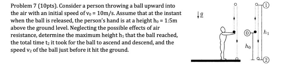 Problem 7 (10pts). Consider a person throwing a ball upward into
the air with an initial speed of vo= 10m/s. Assume that at the instant
when the ball is released, the person's hand is at a height ho = 1:5m
above the ground level. Neglecting the possible effects of air
resistance, determine the maximum height h₁ that the ball reached,
the total time t₂ it took for the ball to ascend and descend, and the
speed v₂ of the ball just before it hit the ground.
ho
hi